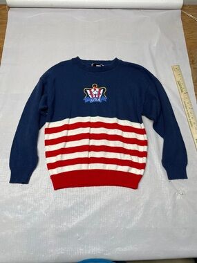 USA Crest Navy Crewneck Sweater with Red & White Stripes